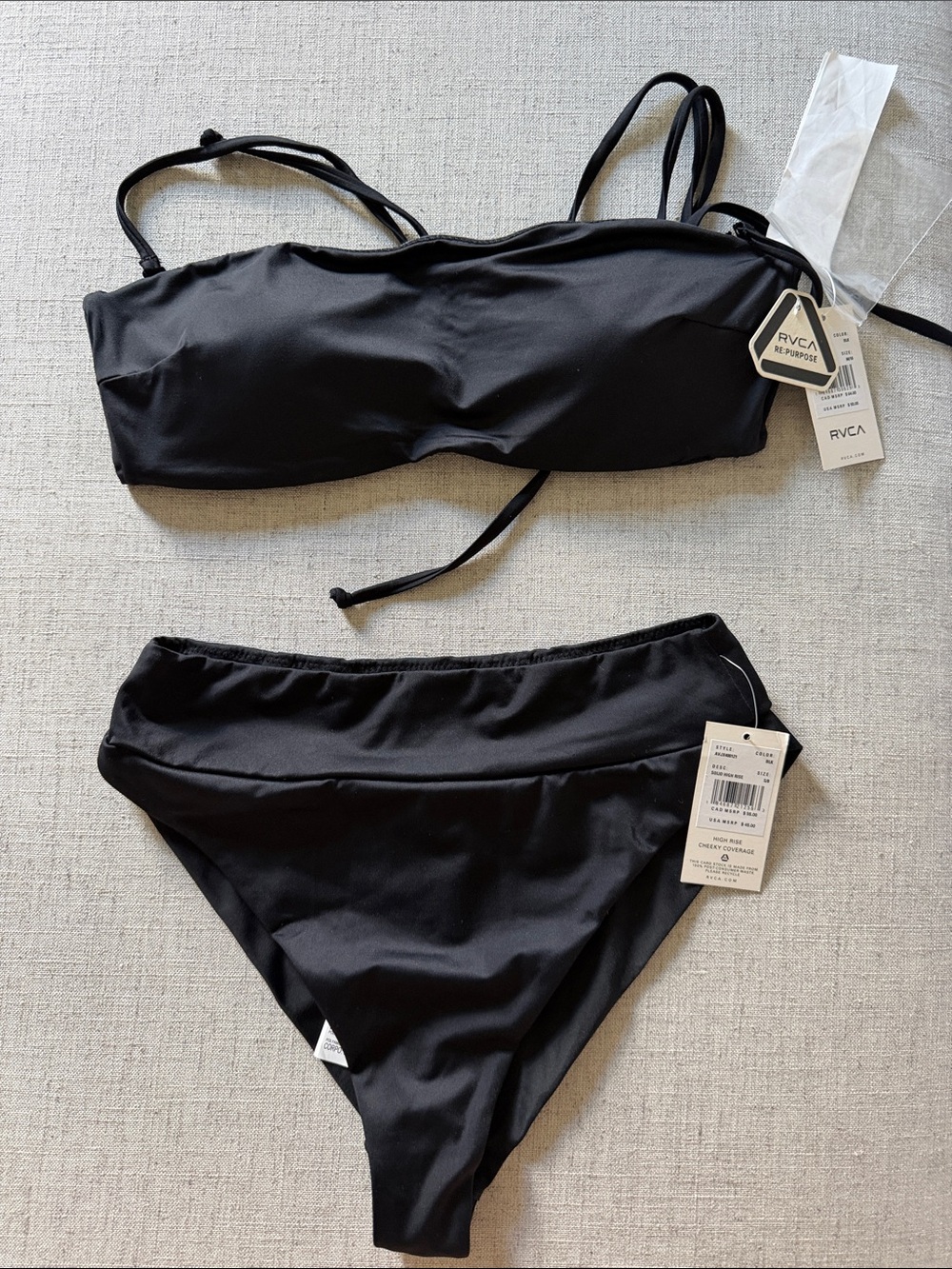 RVCA Black Bandeau Bikini Set with High-Waist Bottoms